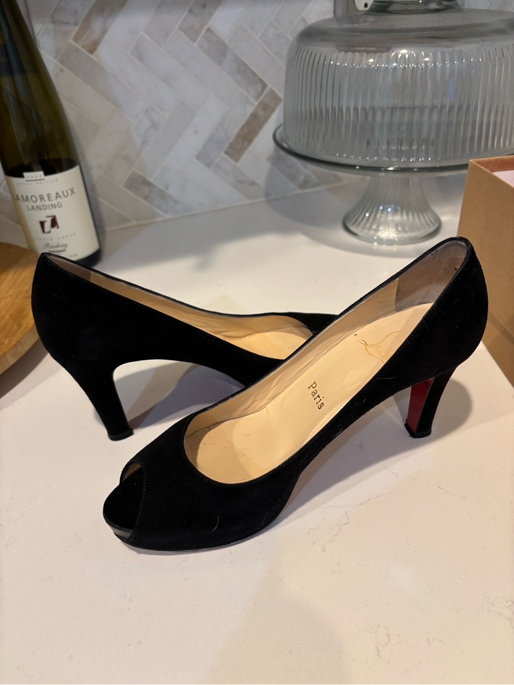 Christian Louboutin Black Suede Peep-Toe Heels with Signature Red Sole